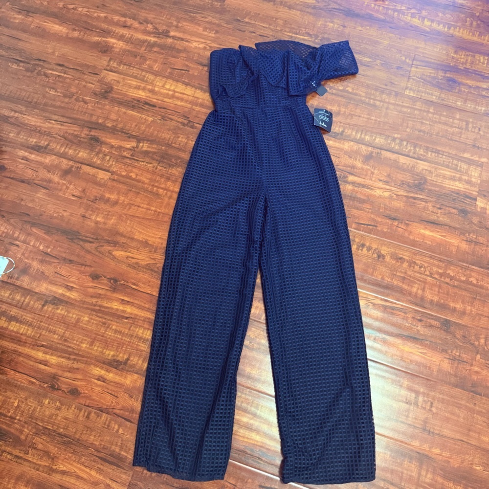 Lulu Off the Charts Navy Blue Grid Print Mesh One-Shoulder Jumpsuit - Picture 7 of 9